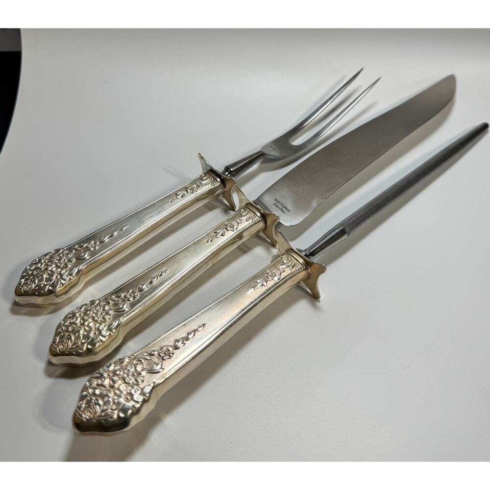 National Prince Edward 3 Pc Carving Set Silver Plate Knife Fork Steel‎